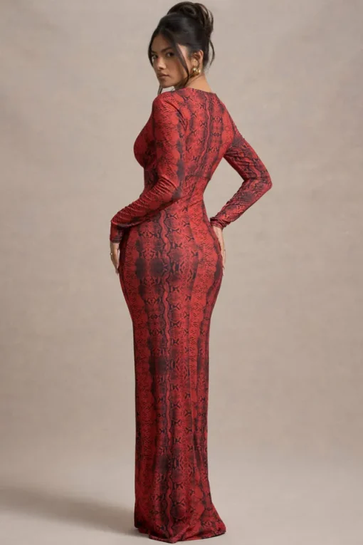 Mamba | Red Snake Print Plunge-Neck Long-Sleeve Maxi Dress