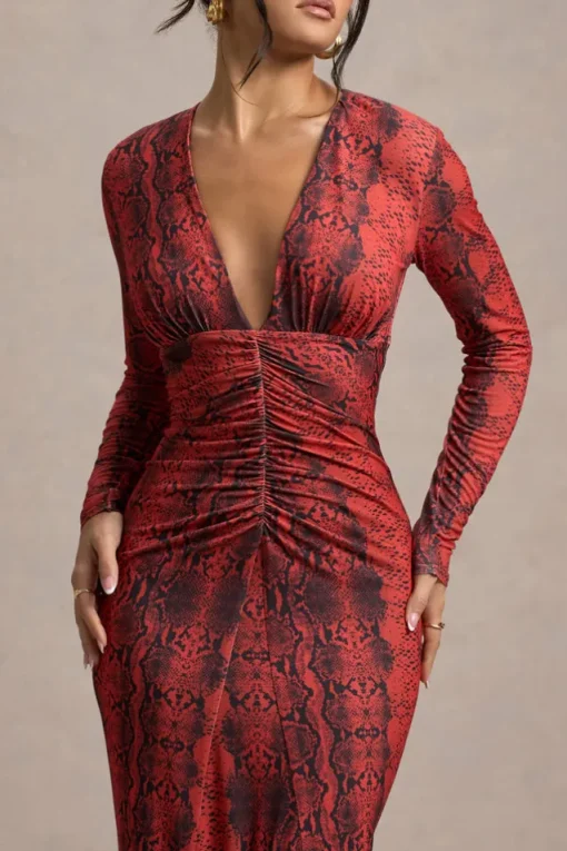 Mamba | Red Snake Print Plunge-Neck Long-Sleeve Maxi Dress