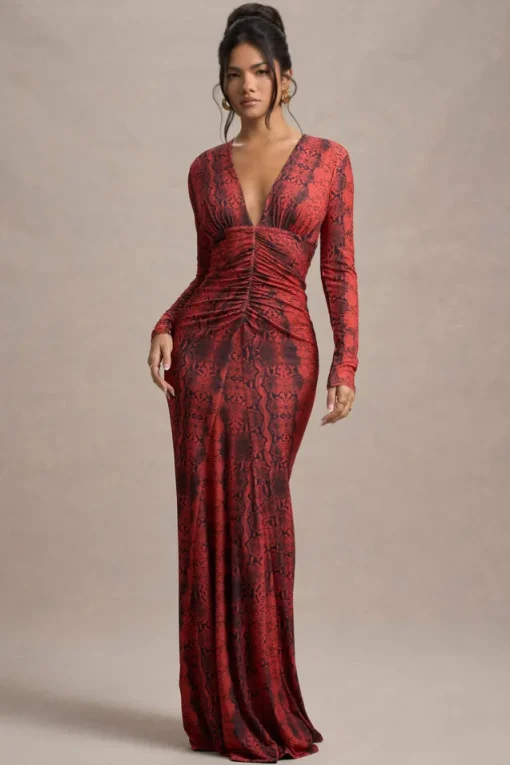 Mamba | Red Snake Print Plunge-Neck Long-Sleeve Maxi Dress