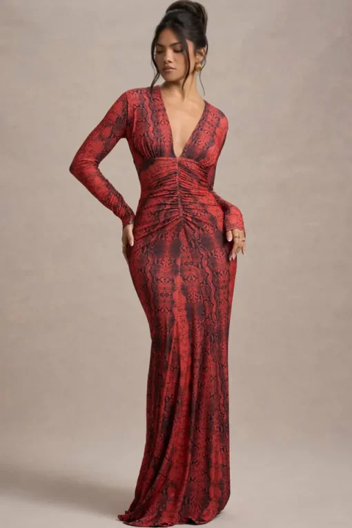 Mamba | Red Snake Print Plunge-Neck Long-Sleeve Maxi Dress