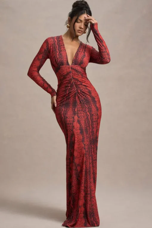 Mamba | Red Snake Print Plunge-Neck Long-Sleeve Maxi Dress