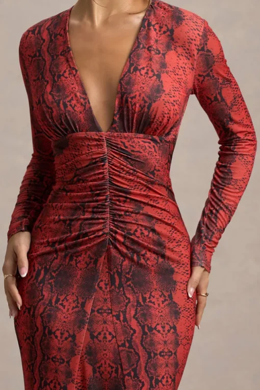 Mamba | Red Snake Print Plunge-Neck Long-Sleeve Maxi Dress