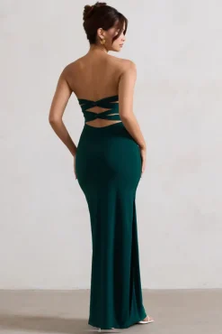 Manon | Bottle Green Sweetheart Bandeau Maxi Dress With Thigh Split