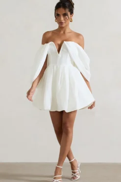 Marbella | Ecru Draped Bardot Skater Mini Dress