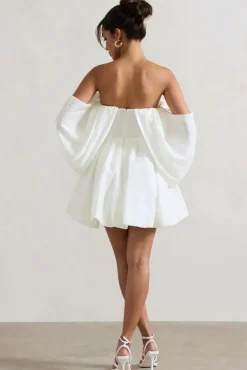 Marbella | Ecru Draped Bardot Skater Mini Dress