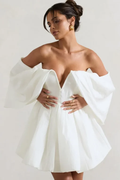 Marbella | Ecru Draped Bardot Skater Mini Dress
