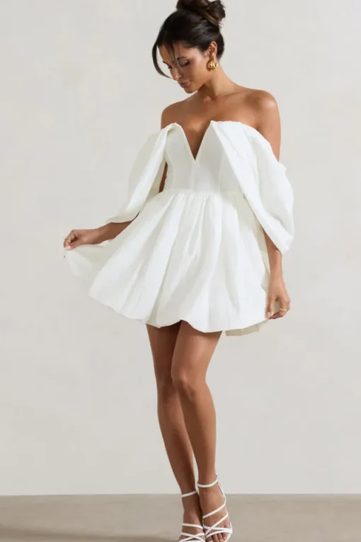 Marbella | Ecru Draped Bardot Skater Mini Dress