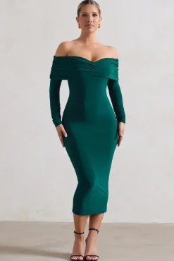 Marcella | Bottle Green Bodycon Bardot Midi Dress