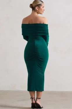 Marcella | Bottle Green Bodycon Bardot Midi Dress