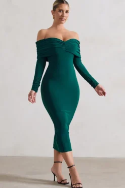 Marcella | Bottle Green Bodycon Bardot Midi Dress