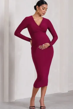 Marcia | Berry Bodycon Plunge-Neck Maternity Midi Dress