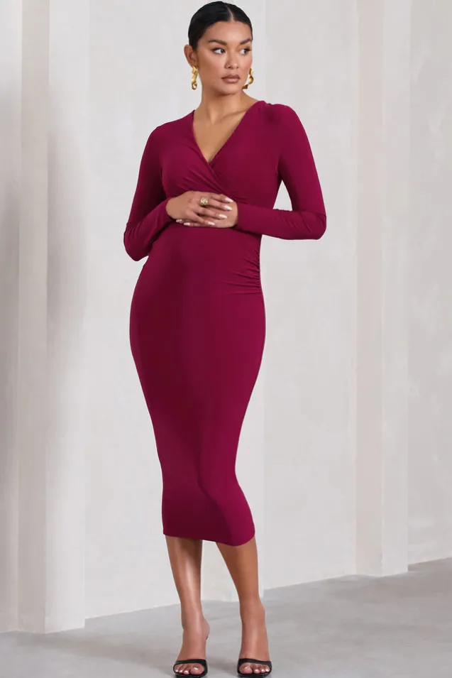 Marcia | Berry Bodycon Plunge-Neck Maternity Midi Dress
