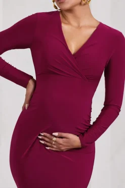 Marcia | Berry Bodycon Plunge-Neck Maternity Midi Dress