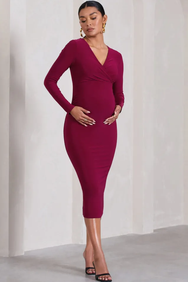 Marcia | Berry Bodycon Plunge-Neck Maternity Midi Dress