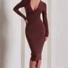 Marcia | Chocolate Brown Bodycon Plunge-Neck Midi Dress