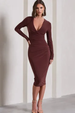 Marcia | Chocolate Brown Bodycon Plunge-Neck Midi Dress