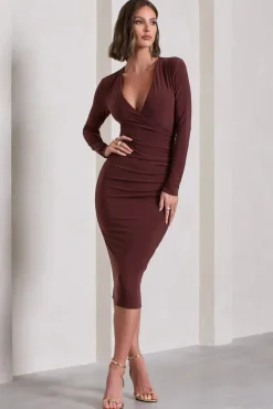 Marcia | Chocolate Brown Bodycon Plunge-Neck Midi Dress