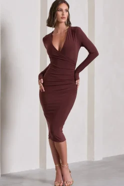 Marcia | Chocolate Brown Bodycon Plunge-Neck Midi Dress