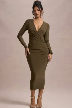 Marcia | Khaki Bodycon Plunge-Neck Midi Dress