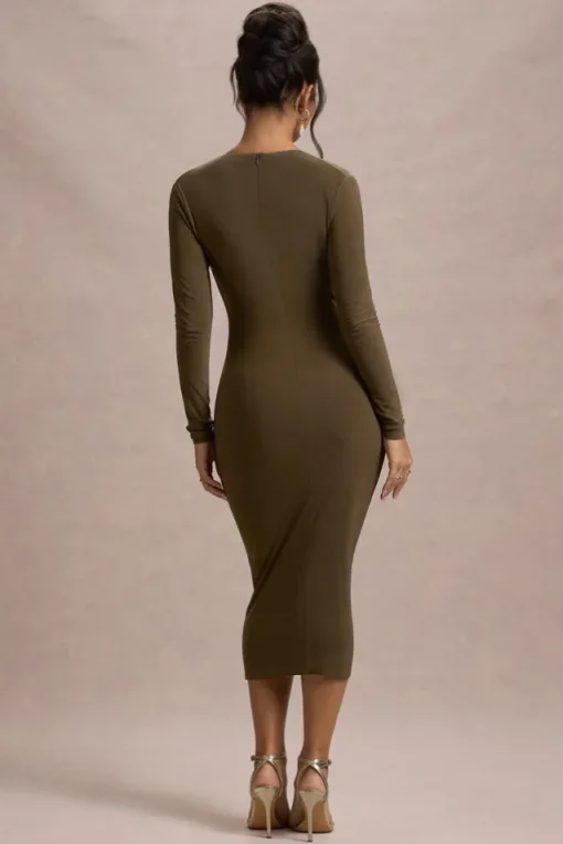 Marcia | Khaki Bodycon Plunge-Neck Midi Dress