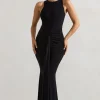 Maren | Black Racer-Neck Gathered Maxi Dress With Drape