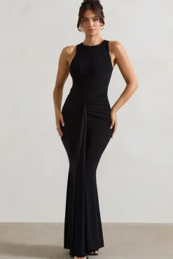 Maren | Black Racer-Neck Gathered Maxi Dress With Drape
