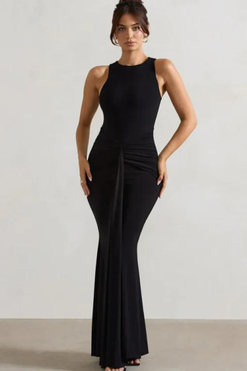 Maren | Black Racer-Neck Gathered Maxi Dress With Drape