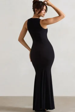 Maren | Black Racer-Neck Gathered Maxi Dress With Drape