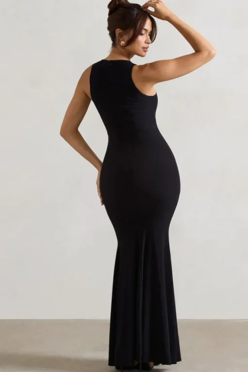 Maren | Black Racer-Neck Gathered Maxi Dress With Drape