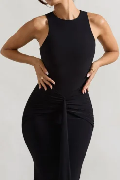 Maren | Black Racer-Neck Gathered Maxi Dress With Drape