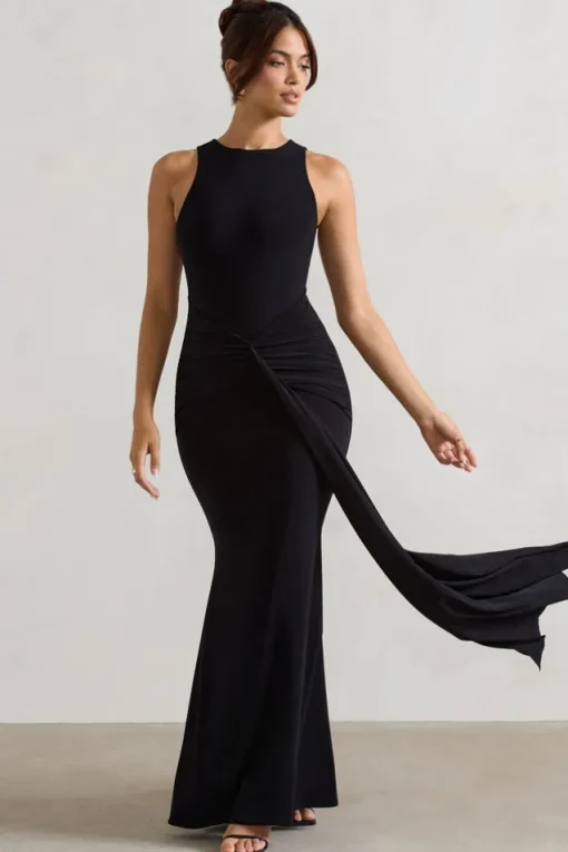 Maren | Black Racer-Neck Gathered Maxi Dress With Drape