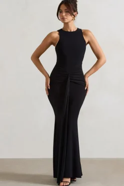 Maren | Black Racer-Neck Gathered Maxi Dress With Drape
