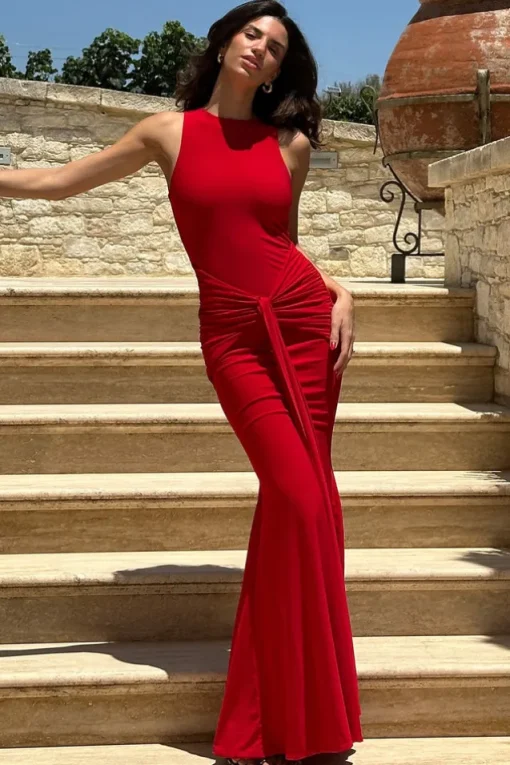 Maren | Red Racer-Neck Gathered Maxi Dress With Drape
