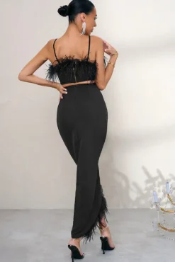 Margarita | Black High Waist Wrap Front Midi Skirt With Feather Trim