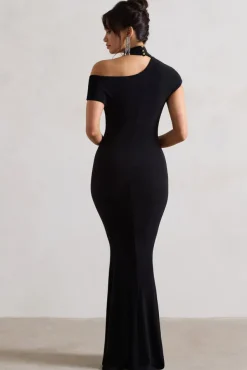 Margaux | Black One-Shoulder Maxi Dress With Halter-Collar