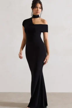 Margaux | Black One-Shoulder Maxi Dress With Halter-Collar