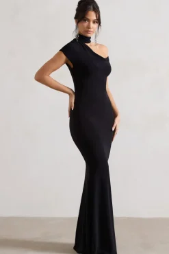 Margaux | Black One-Shoulder Maxi Dress With Halter-Collar