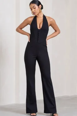Margherita | Black Halter-Neck Corset Wide-Leg Jumpsuit