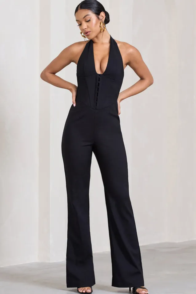 Margherita | Black Halter-Neck Corset Wide-Leg Jumpsuit