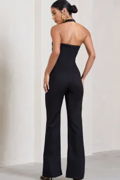 Margherita | Black Halter-Neck Corset Wide-Leg Jumpsuit
