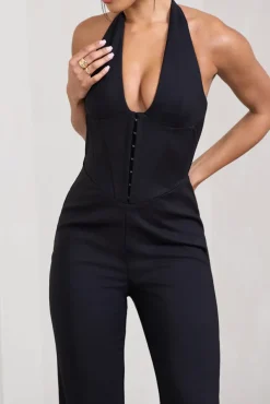 Margherita | Black Halter-Neck Corset Wide-Leg Jumpsuit
