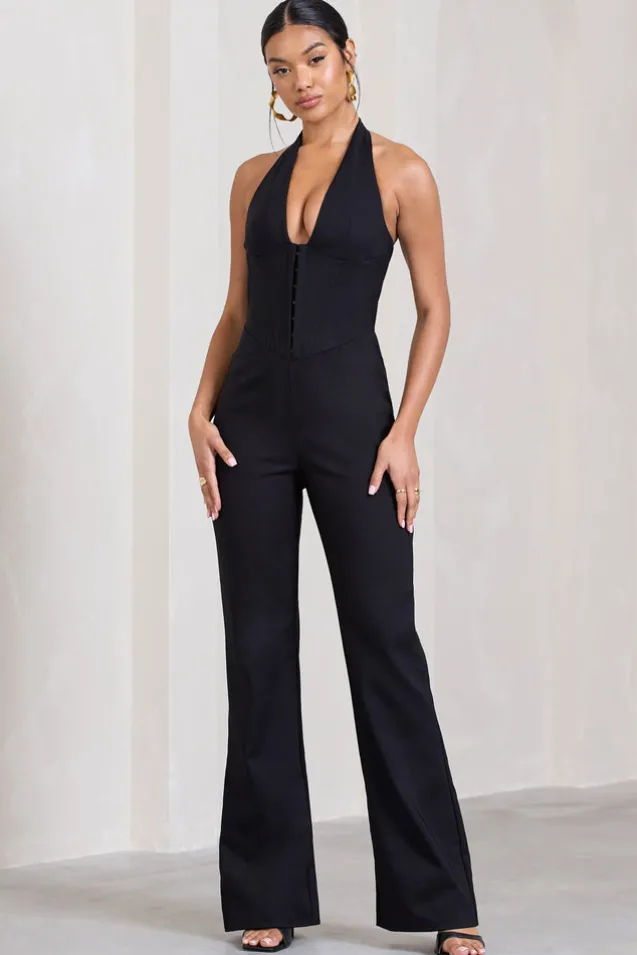 Margherita | Black Halter-Neck Corset Wide-Leg Jumpsuit