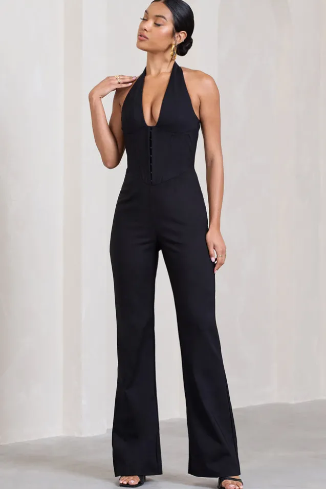 Margherita | Black Halter-Neck Corset Wide-Leg Jumpsuit