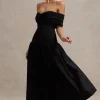 Marguerite | Black Twisted Bardot Drop-Waist Maxi Dress