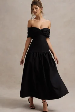 Marguerite | Black Twisted Bardot Drop-Waist Maxi Dress