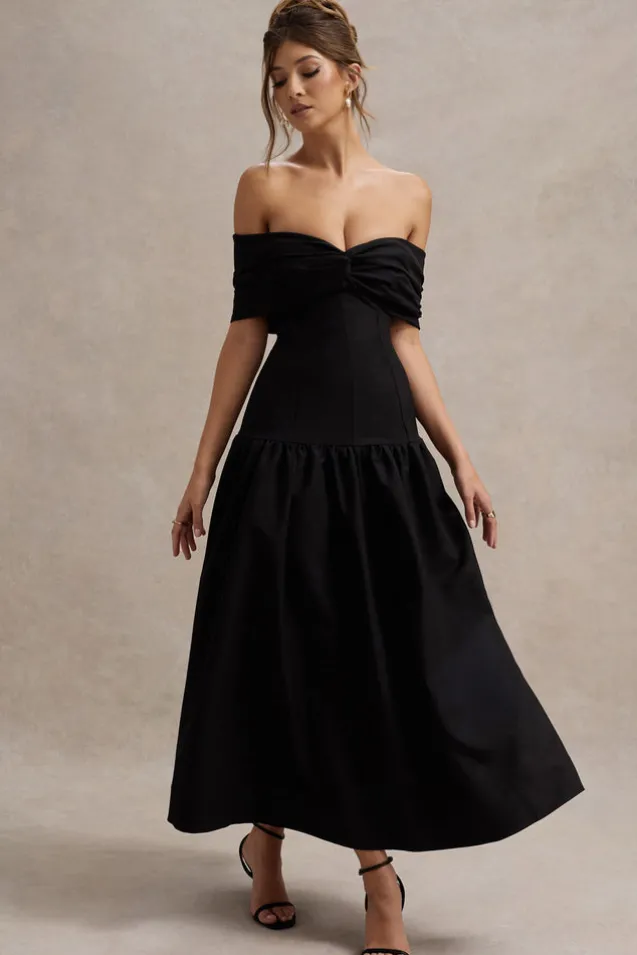 Marguerite | Black Twisted Bardot Drop-Waist Maxi Dress