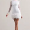 Mariana | White Lace Long-Sleeve Mini Dress With Feather Trim