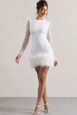 Mariana | White Lace Long-Sleeve Mini Dress With Feather Trim