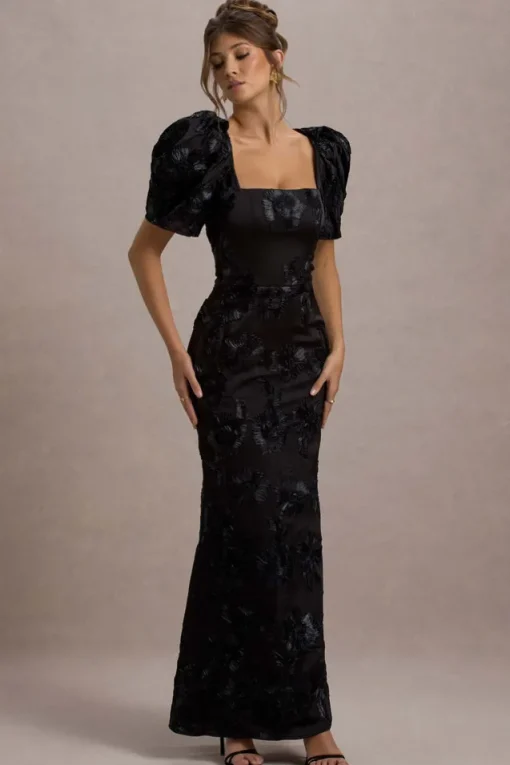 Marilla | Black Mesh Floral Square-Neck Puff-Sleeve Maxi Dress