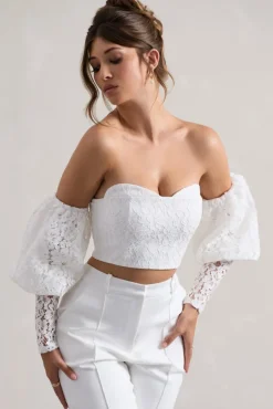 Marina | White Lace Bardot Puff-Sleeve Top